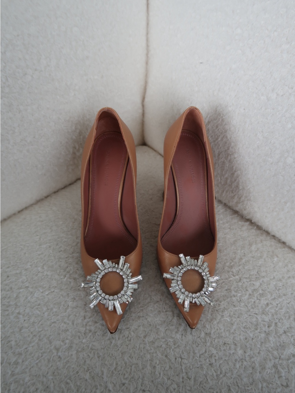 Amina Muaddi Tan Leather Pointed-Toe Pumps with Crystal Brooch